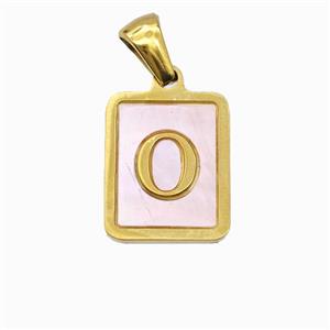 Stainless Steel Rectangle Pendant Pave Pink Shell Letter-O Gold Plated, approx 12-15mm [SSB6703]