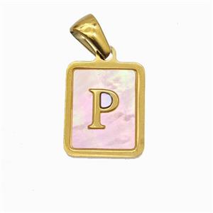 Stainless Steel Rectangle Pendant Pave Pink Shell Letter-P Gold Plated, approx 12-15mm [SSB6704]