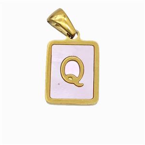 Stainless Steel Rectangle Pendant Pave Pink Shell Letter-Q Gold Plated, approx 12-15mm [SSB6705]