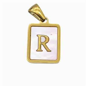 Stainless Steel Rectangle Pendant Pave Pink Shell Letter-R Gold Plated, approx 12-15mm [SSB6706]