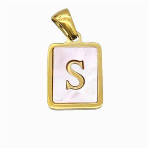 Stainless Steel Rectangle Pendant Pave Pink Shell Letter-S Gold Plated, approx 12-15mm [SSB6707]