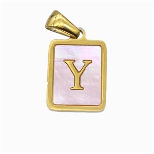 Stainless Steel Rectangle Pendant Pave Pink Shell Letter-Y Gold Plated, approx 12-15mm [SSB6713]