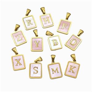 Stainless Steel Rectangle Alphabet Pendant Pave Pink Shell Mix Letters Gold Plated, approx 12-15mm [SSB6715]
