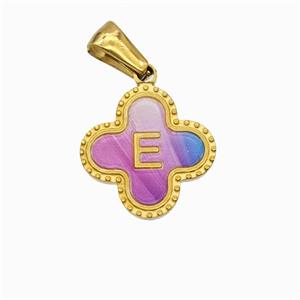 Stainless Steel Clover Pendant Letter-E Painted Gold Plated, approx 15mm [SSB6720]