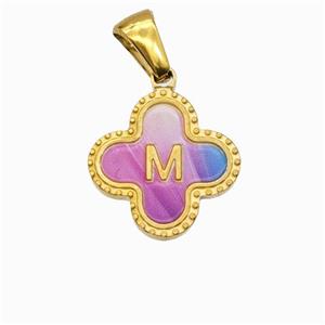 Stainless Steel Clover Pendant Letter-M Painted Gold Plated, approx 15mm [SSB6728]