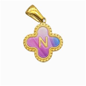 Stainless Steel Clover Pendant Letter-N Painted Gold Plated, approx 15mm [SSB6729]