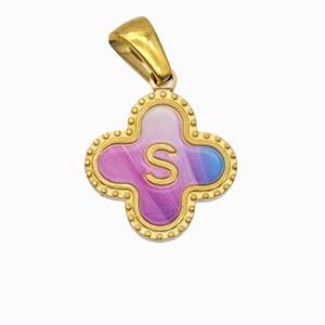 Stainless Steel Clover Pendant Letter-S Painted Gold Plated, approx 15mm [SSB6734]