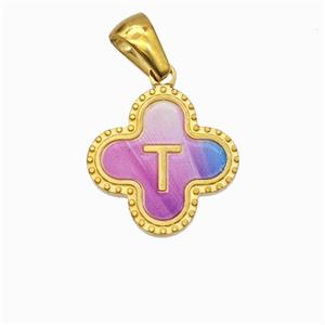 Stainless Steel Clover Pendant Letter-T Painted Gold Plated, approx 15mm [SSB6735]