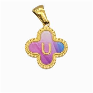 Stainless Steel Clover Pendant Letter-U Painted Gold Plated, approx 15mm [SSB6736]