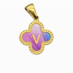 Stainless Steel Clover Pendant Letter-V Painted Gold Plated, approx 15mm [SSB6737]