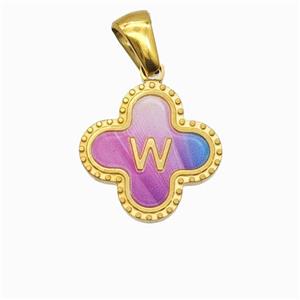Stainless Steel Clover Pendant Letter-W Painted Gold Plated, approx 15mm [SSB6738]