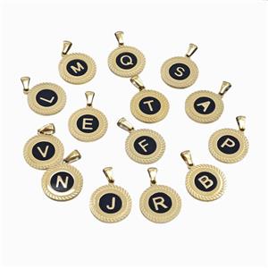 Stainless Steel Letter Pendant Pave Black Shell Mix Alphabet Gold Plated, approx 18mm [SSB6744]