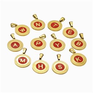 Stainless Steel Letter Pendant Pave Red Shell Mix Alphabet Gold Plated, approx 18mm [SSB6745]