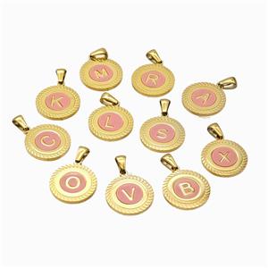 Stainless Steel Letter Pendant Pave Pink Shell Mix Alphabet Gold Plated, approx 18mm [SSB6746]