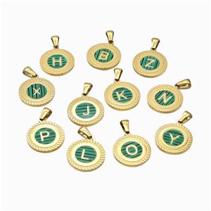 Stainless Steel Letter Pendant Pave Green Shell Mix Alphabet Gold Plated, approx 18mm [SSB6748]