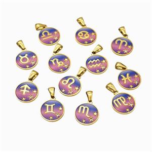 Stainless Steel Zodiac Symbol Pendant Painted Gold Plated Mixed, approx 15mm [SSB6752]