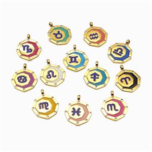 Stainless Steel Zodiac Symbol Pendant Painted Gold Plated Mixed, approx 17mm [SSB6753]