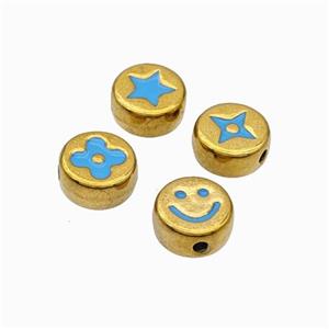 Stainless Steel Symbol Coin Beads Blue Enamel Gold Plated Mixed, approx 8mm [SSB6757]