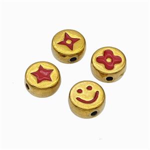 Stainless Steel Symbol Coin Beads Red Enamel Gold Plated Mixed, approx 8mm [SSB6758]