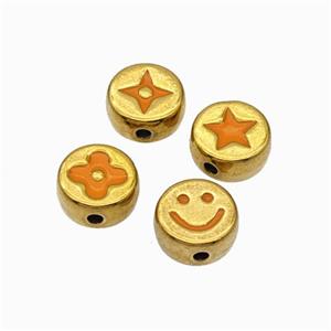 Stainless Steel Symbol Coin Beads Orange Enamel Gold Plated Mixed, approx 8mm [SSB6759]