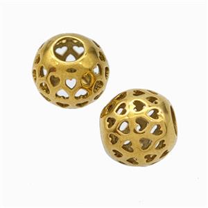 Titanium Steel Round Beads Large Hole Hollow Gold Plated, approx 9-10mm, 4mm hole [SSB6790]