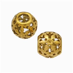 Titanium Steel Round Beads Large Hole Hollow Flower Gold Plated, approx 9-10mm, 4mm hole [SSB6816]