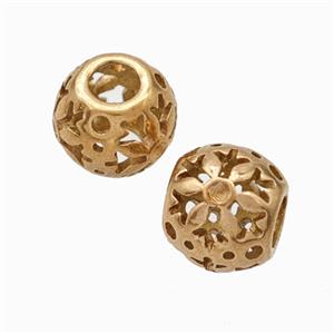 Titanium Steel Round Beads Large Hole Hollow Flower Rose Gold, approx 9-10mm, 4mm hole [SSB6817]