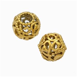 Titanium Steel Round Beads Large Hole Hollow Heart Gold Plated, approx 9-10mm, 4mm hole [SSB6820]