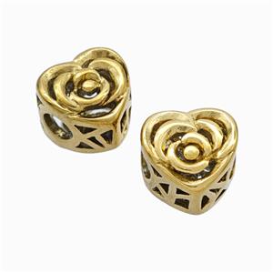 Titanium Steel Heart Beads Large Hole Hollow Gold Plated, approx 10-11mm, 4mm hole [SSB6832]