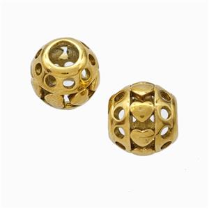 Titanium Steel Round Beads Large Hole Hollow Heart Gold Plated, approx 9-10mm, 4mm hole [SSB6834]