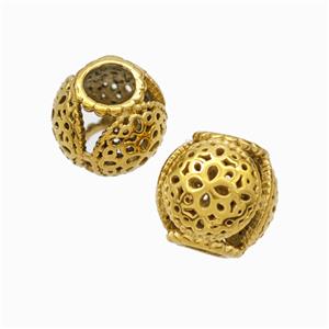 Titanium Steel Round Beads Large Hole Hollow Gold Plated, approx 9-10mm, 4mm hole [SSB6882]