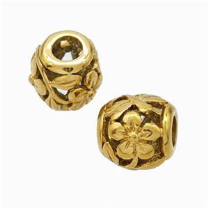 Titanium Steel Barrel Beads Large Hole Hollow Flower Gold Plated, approx 9-10mm, 4mm hole [SSB6886]