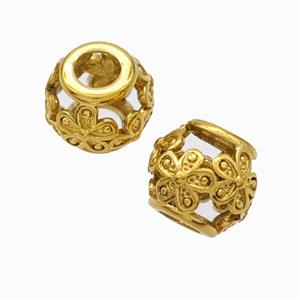 Titanium Steel Round Beads Large Hole Hollow Flower Gold Plated, approx 9-10mm, 4mm hole [SSB6898]
