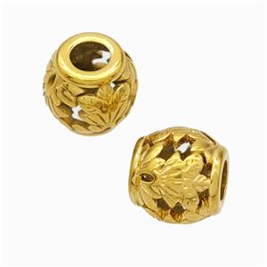 Titanium Steel Barrel Beads Large Hole Hollow Leaf Gold Plated, approx 9-10mm, 4mm hole [SSB6908]