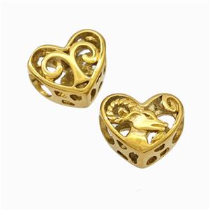 Titanium Steel Heart Beads Zodiac Aries Large Hole Hollow Gold Plated, approx 12mm, 4mm hole [SSB6916]