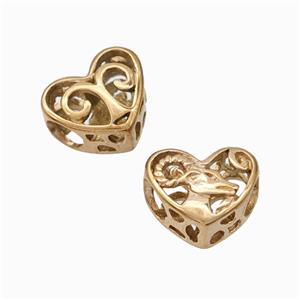 Titanium Steel Heart Beads Zodiac Aries Large Hole Hollow Rose Gold, approx 12mm, 4mm hole [SSB6917]