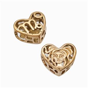 Titanium Steel Heart Beads Zodiac Virgo Large Hole Hollow Rose Gold, approx 12mm, 4mm hole [SSB6927]