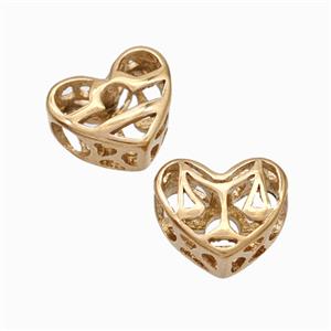 Titanium Steel Heart Beads Zodiac Libra Large Hole Hollow Rose Gold, approx 12mm, 4mm hole [SSB6929]