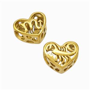 Titanium Steel Heart Beads Zodiac Scorpio Large Hole Hollow Gold Plated, approx 12mm, 4mm hole [SSB6930]
