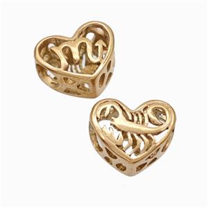 Titanium Steel Heart Beads Zodiac Scorpio Large Hole Hollow Rose Gold, approx 12mm, 4mm hole [SSB6931]