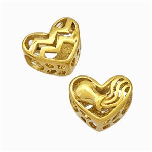 Titanium Steel Heart Beads Zodiac Aquarius Large Hole Hollow Gold Plated, approx 12mm, 4mm hole [SSB6936]