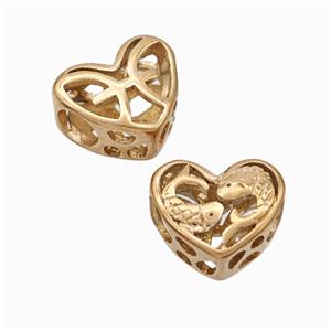 Titanium Steel Heart Beads Zodiac Pisces Large Hole Hollow Rose Gold, approx 12mm, 4mm hole [SSB6939]