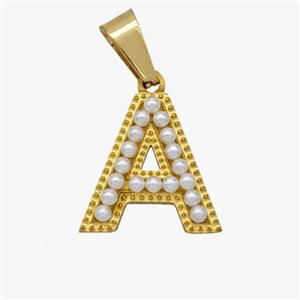 Stainless Steel Pendant Pave Pearlized Resin Letter-A Gold Plated, approx 10-15mm [SSB6941]