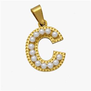 Stainless Steel Pendant Pave Pearlized Resin Letter-C Gold Plated, approx 10-15mm [SSB6943]