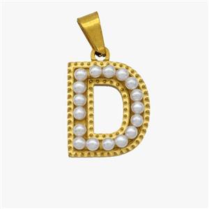 Stainless Steel Pendant Pave Pearlized Resin Letter-D Gold Plated, approx 10-15mm [SSB6944]