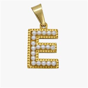 Stainless Steel Pendant Pave Pearlized Resin Letter-E Gold Plated, approx 10-15mm [SSB6945]