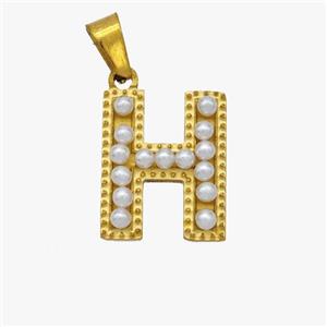 Stainless Steel Pendant Pave Pearlized Resin Letter-H Gold Plated, approx 10-15mm [SSB6948]