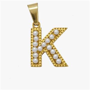 Stainless Steel Pendant Pave Pearlized Resin Letter-K Gold Plated, approx 10-15mm [SSB6951]