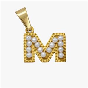 Stainless Steel Pendant Pave Pearlized Resin Letter-M Gold Plated, approx 10-15mm [SSB6953]