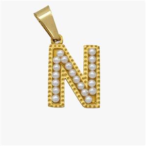 Stainless Steel Pendant Pave Pearlized Resin Letter-N Gold Plated, approx 10-15mm [SSB6954]